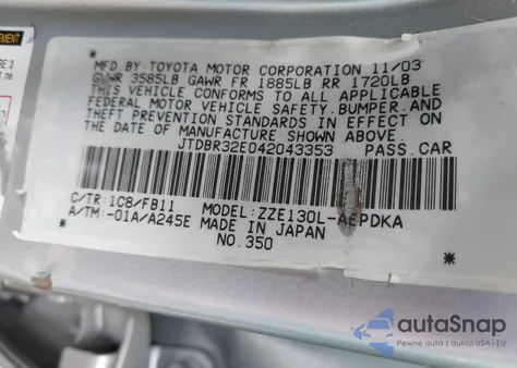 2004 Toyota Corolla Ce from USA, damaged, VIN JTDBR32E042043353